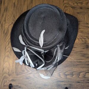 Preston & York black sinamay wide-brim derby hat with feathers bow